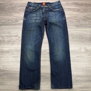 Hugo Boss Jeans Mens 30x29 Blue Button Fly Fade Distressed Straight Orange Label